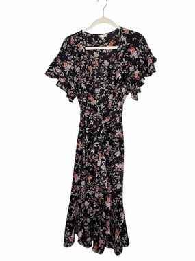 Max Studio Black Floral High Low Wrap Ruffle Midi Dress
